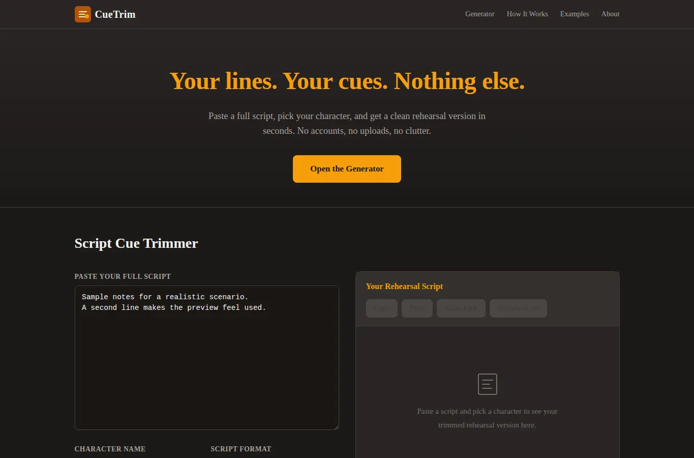 Screenshot of CueTrim: Rehearsal Script Cue Trimmer interface showing the project page in use